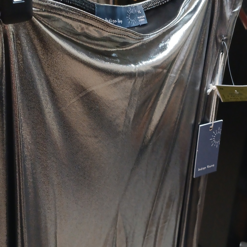 Very Shiny Silver Asymmetrical Slip Maxi Skirt - Picture 2 of 3